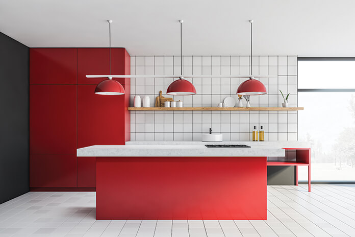 Kitchen with a red colour scheme